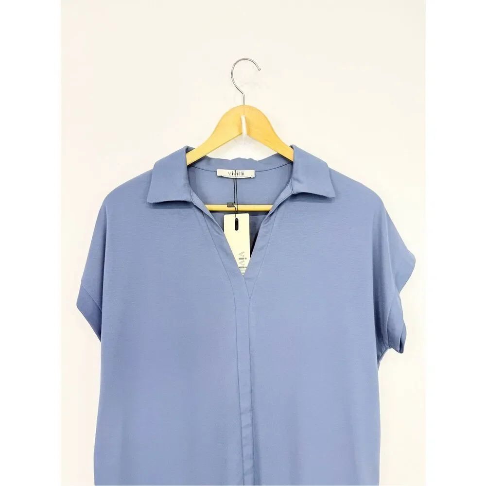 Vivilli Slate Blue Collared V Neck Short Sleeve Pullover Casual Top NEW - Picture 2 of 9